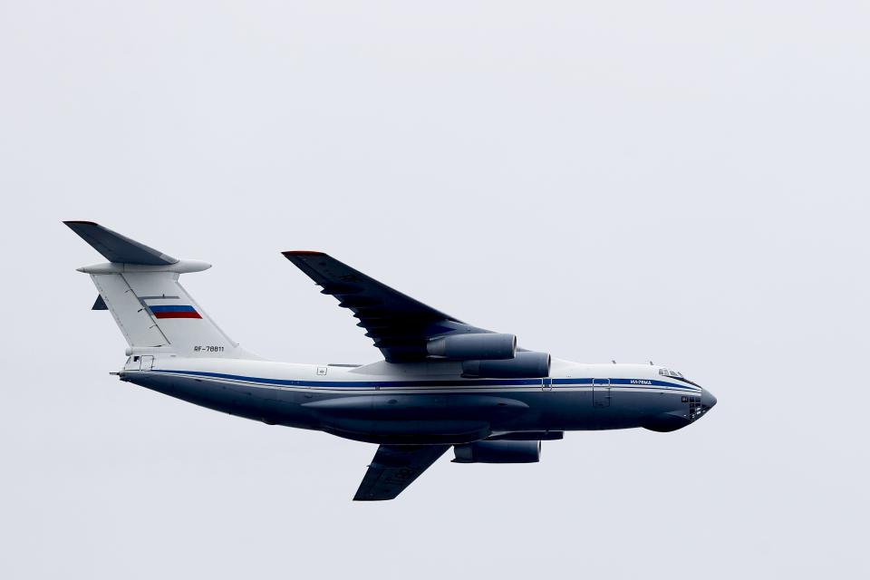 An Ilyushin Il-76 Strategic airlifter performs during 76th anniversary of the Victory Day in Red Square in Moscow, Russia on May 09, 2021.