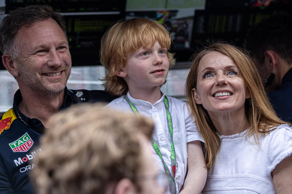 Ex-Spice Girls singer Geri Halliwell and Team Principal of Oracle Red Bull Racing Christian Horner enjoy the victory after the race at Formula 1 Rolex Austrian Grand Prix on July 02, 2023 in Spielberg, Austria.
 (Photo by Robert Szaniszlo/NurPhoto via Getty Images)