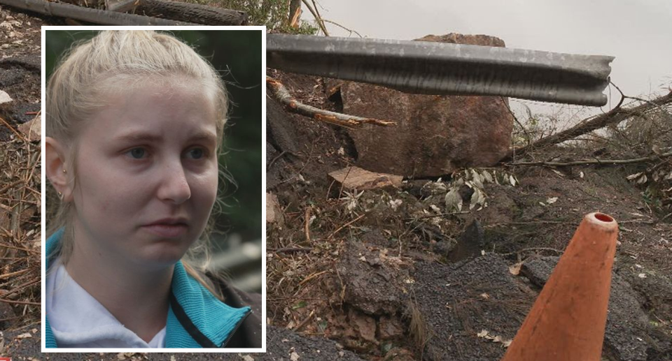 Leeya Clark-Goodison is pictured in an image of a badly destroyed road in Wisemans Ferry.  