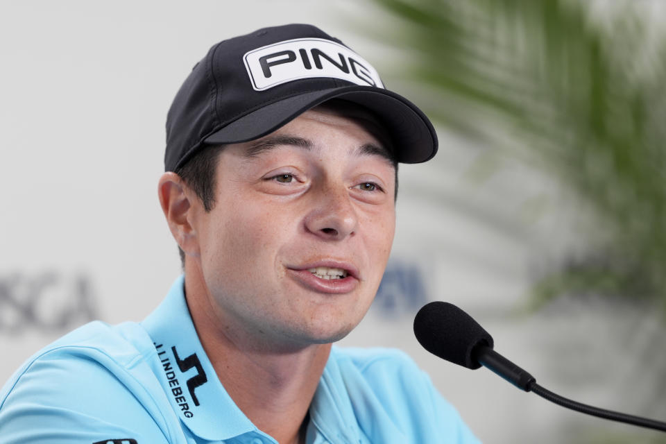 Viktor Hovland, of Norway, speaks during a news conference at the U.S. Open golf tournament Tuesday, June 11, 2024, in Pinehurst, N.C. (AP Photo/Matt York)