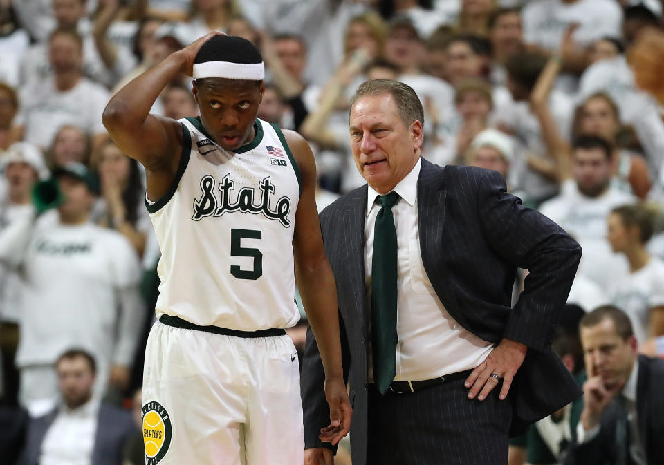 EAST LANSING, MI - MARCH 09:  Head coach Tom Izzo and Cassius Winston #5 of the Michigan State Spartans react during the second half against the Michigan Wolverines at Breslin Center on March 9, 2019 in East Lansing, Michigan. (Photo by Gregory Shamus/Getty Images)