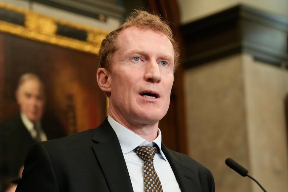 Immigration, Refugees and Citizenship Minister Marc Miller speaks during an announcement Thursday, May 23, 2024. Miller's department says it is processing migrants' files as quickly as possible. 