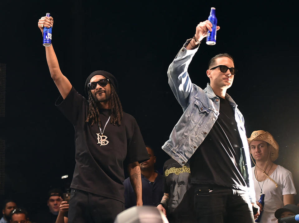 Snoop Dogg and G-Eazy perform with singer Sam Hunt onstage during 2016 Stagecoach California’s Country Music Festival at Empire Polo Club on April 29, 2016 in Indio, California. (Photo: Kevin Winter/Getty Images)