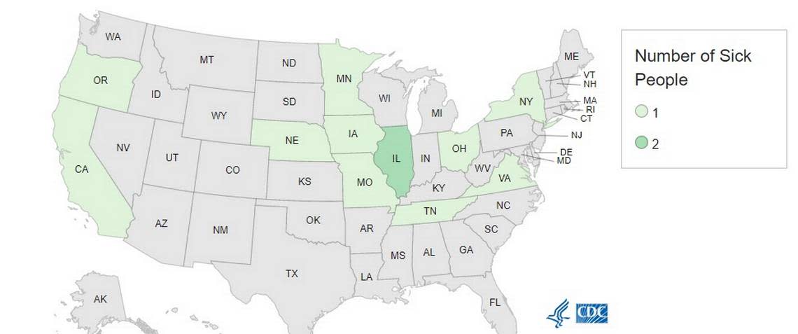 This CDC map shows where the 12 people in a salmonella outbreak from contaminated flour between December 2022 and February 2023 lived. The map was posted on March 30, 2023.