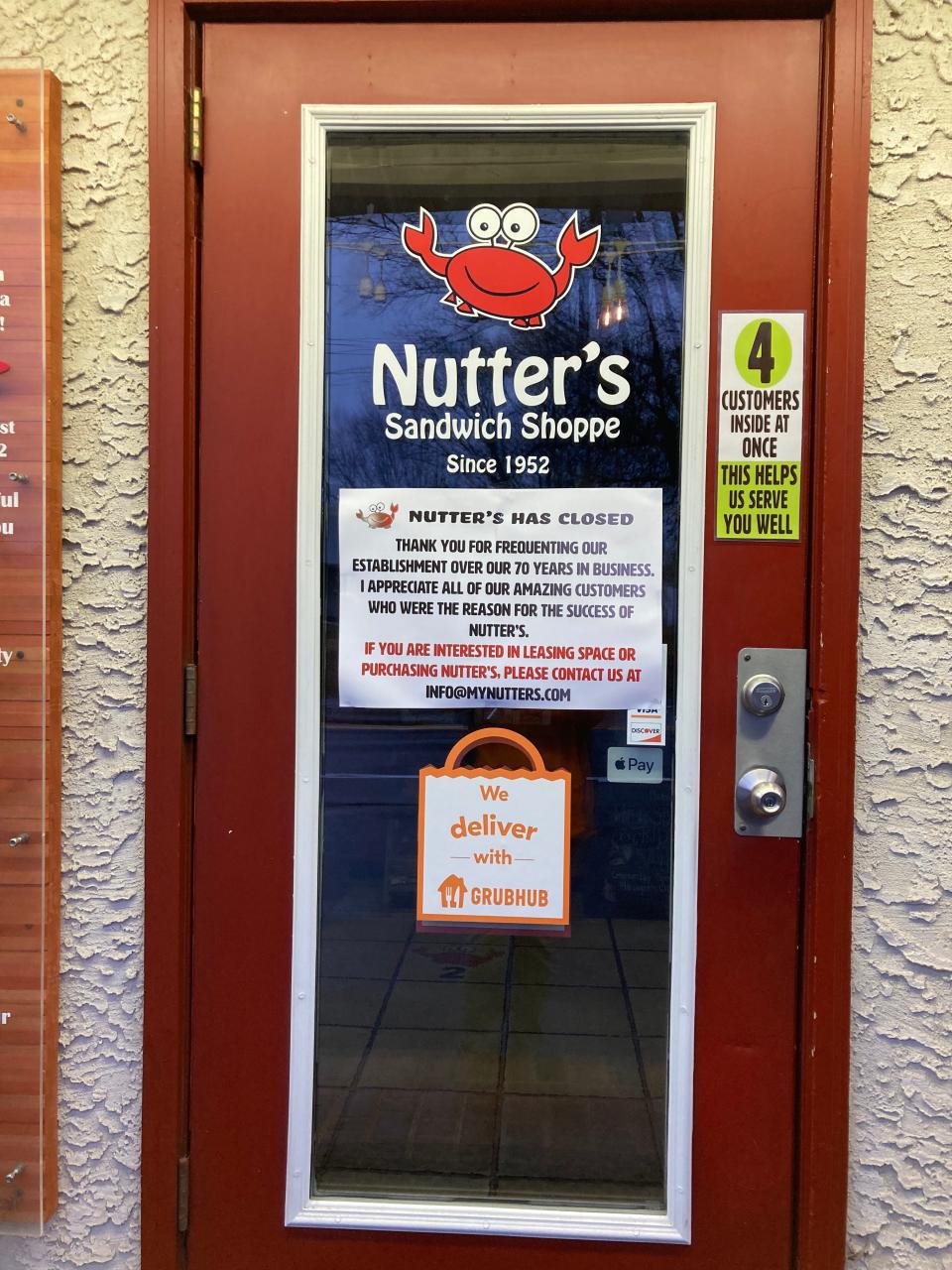 A message posted to the door at Nutter's in Newark announces its closure. The owners are soliciting offers to take over the business or lease the space.
