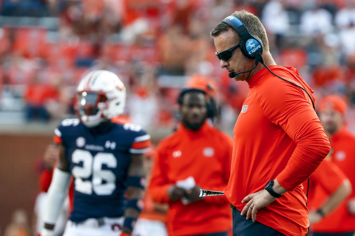 Auburn head coach Bryan Harsin reacts after a turnover during the second half of an NCAA college football game against Penn State, Saturday, Sept. 17, 2022, in Auburn, Ala. (AP Photo/Butch Dill)