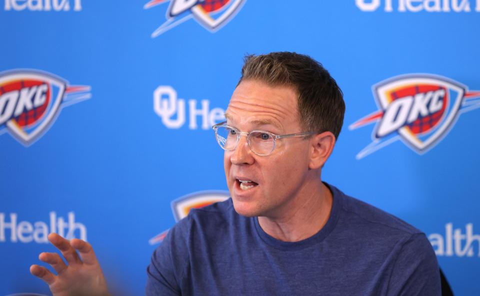Oklahoma City Thunder general manager Sam Presti speaks to the media during a press conference in Oklahoma City, Wednesday, Sept. 27, 2023.