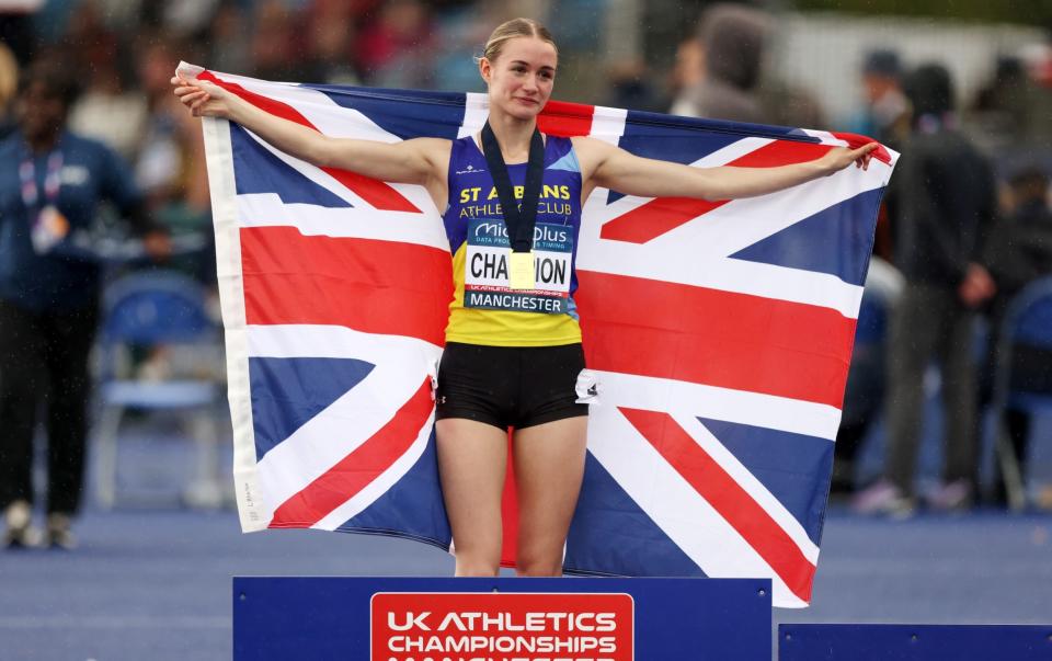 Gold medalist Phoebe Gill of Team St Albans AC poses for a photo during the medal ceremony for Women's 800 Metres Final on Day Two of UK Athletics Championships 2024 at Manchester Regional Arena on June 30, 2024 in Manchester, England