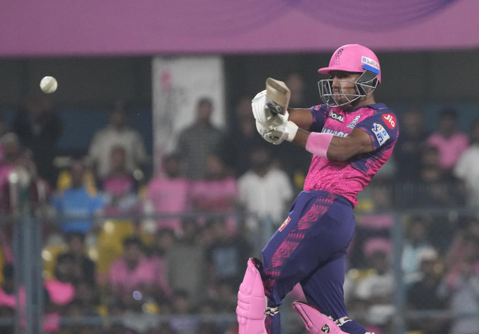 Rajasthan Royals's Dhruv Jurel bats during the Indian Premier League (IPL) 2023 match between Punjab Kings and Rajasthan Royals, in Guwahati, India, Wednesday, April 5, 2023. (AP Photo/Anupam Nath)