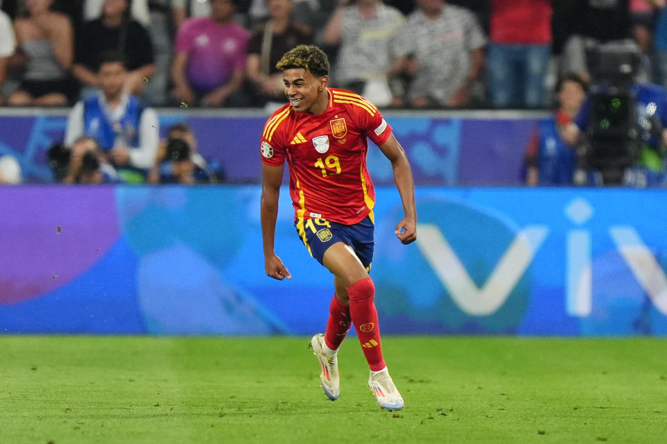 Spain's Lamine Yamal celebrates after scoring their side's first goal of the game during the UEFA Euro 2024, semi-final match at the Munich Football Arena, Germany. Picture date: Tuesday July 9, 2024. (Photo by Bradley Collyer/PA Images via Getty Images)