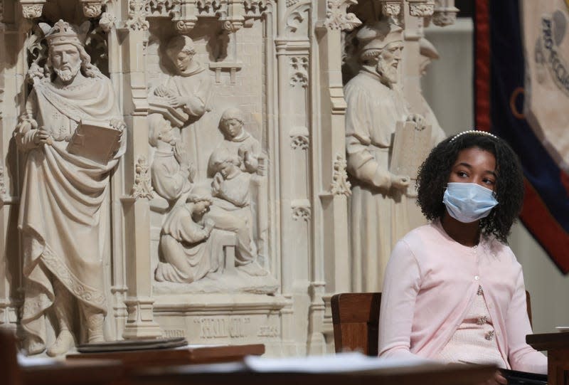  WASHINGTON, DC - JANUARY 18: Yolanda Renee King, the granddaughter of Martin Luther King Jr., waits to preach at the Washington National Cathedral January 18, 2022 in Washington, DC. King spoke from the cathedral’s Canterbury Pulpit, the same pulpit Martin Luther King Jr. spoke from on his last Sunday sermon before his death. 