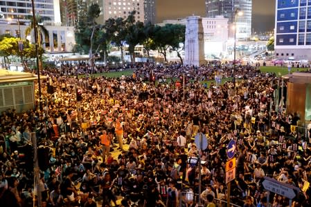 Anti-extradition bill protesters attend a rally calling on the British and U.S. governments to monitor the implementation of "one country two systems" principal, in Hong Kong