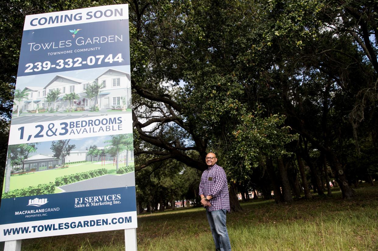 Prince Jones, a real estate broker for My-Canvas.Pro stands for a portrait on land at the Southwest corner of Edison Avenue and Veronica Shoemaker Boulevard that is planned to become Towles Gardens, a planned townhome community that's billing itself as affordable housing.