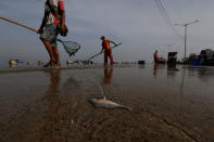 A man walks past a dead fish as sea water rises during high tide at Kali Adem port in Jakarta, Indonesia, January 3, 2018. REUTERS/Beawiharta