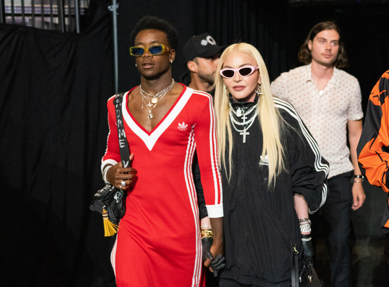 David Banda sported a tight plunging red dress from the Adidas x Gucci collection on a night out with mom Madonna in New York City. (Photo by Cassy Athena/Getty Images)