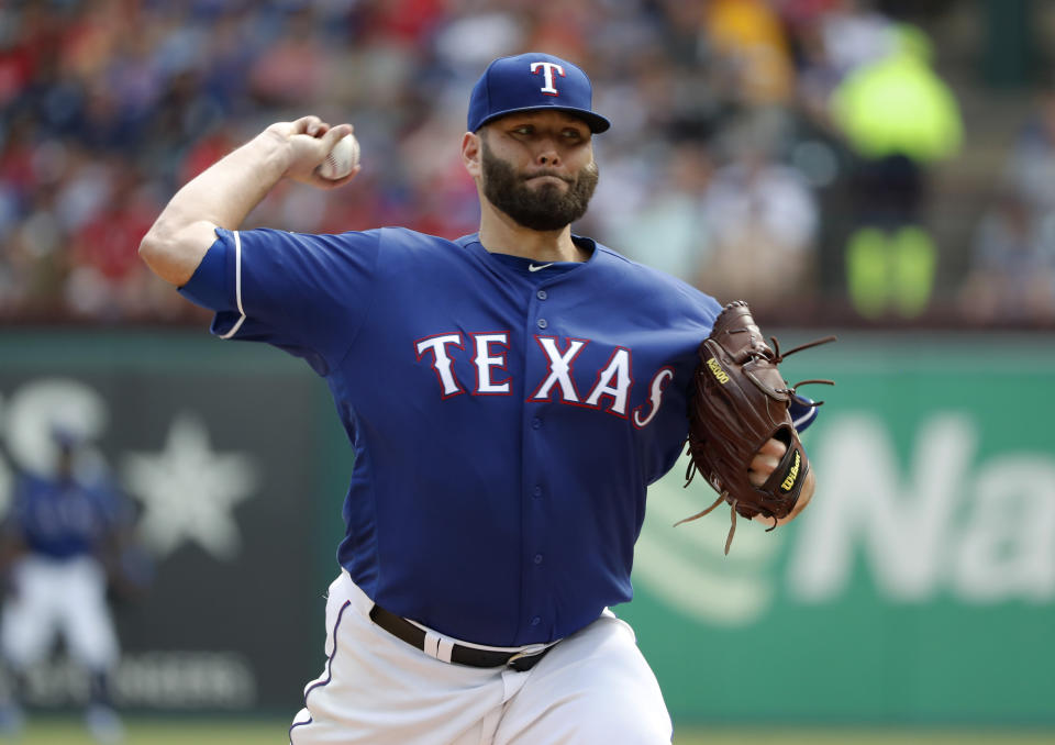 Texas Rangers starting pitcher Lance Lynn (35) throws to the New York Yankees in the second inning of a baseball game in Arlington, Texas, Sunday, Sept. 29, 2019. (AP Photo/Tony Gutierrez)