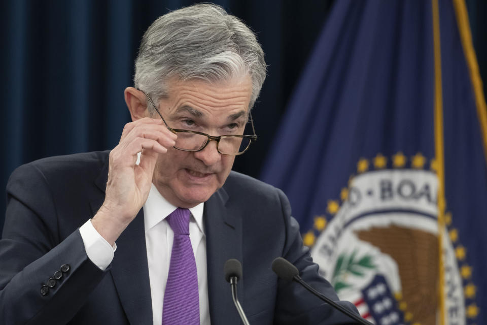 Federal Reserve Chairman Jerome Powell speaks at a news conference, Wednesday, Jan. 30, 2019, in Washington. The Federal Reserve is keeping its key interest rate unchanged and promising to be "patient." It is signaling it could leave rates alone in coming months given muted inflation. (AP Photo/Alex Brandon)