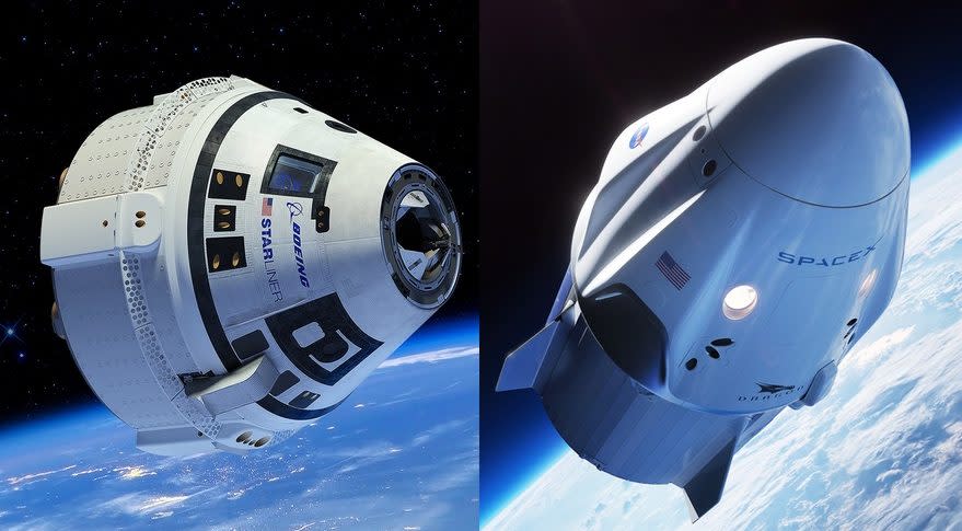 Artist’s illustrations of Boeing’s CST-100 Starliner (left) and SpaceX’s Crew Dragon capsules in orbit. <cite>Boeing/SpaceX</cite>