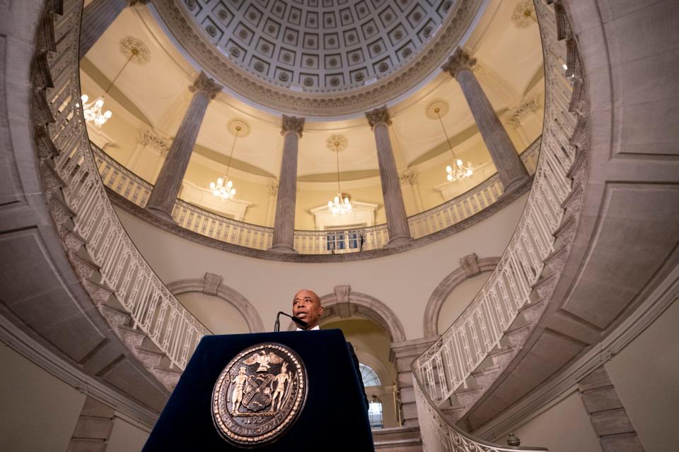 New York City Mayor Eric Adams speaks during a news conference at City Hall, Monday, Jan. 24, 2022, in New York.