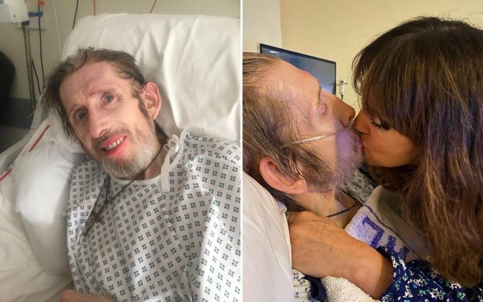 (left) A recent picture of MacGowan in hospital. (right) MacGowan with his wife