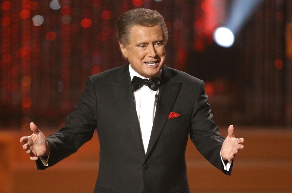 FILE - In this June 27, 2010 file photo, host Regis Philbin is seen on stage at the 37th Annual Daytime Emmy Awards in Las Vegas. Philbin, the genial host who shared his life with television viewers over morning coffee for decades and helped himself and some fans strike it rich with the game show “Who Wants to Be a Millionaire,” has died on Friday, July 24, 2020. (AP Photo/Eric Jamison)