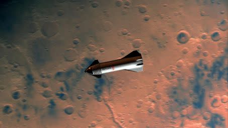 Starship arrive sur Mars. Des images de synthèses faites par SpaceX. Crédit : MARK GARLICK / SCIENCE PHOTO LIBRA / MGA / Science Photo Library via AFP