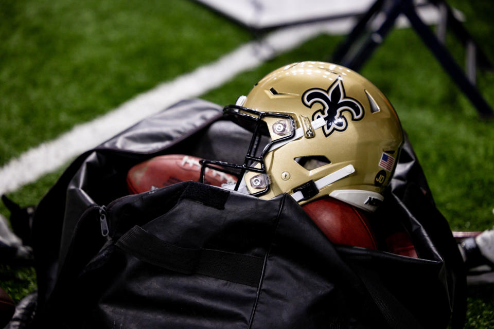 Nov 5, 2023; New Orleans, Louisiana, USA; Detailed view of the New Orleans Saints helmet and ball bag against the <a class="link " href="https://sports.yahoo.com/nfl/teams/chicago/" data-i13n="sec:content-canvas;subsec:anchor_text;elm:context_link" data-ylk="slk:Chicago Bears;sec:content-canvas;subsec:anchor_text;elm:context_link;itc:0">Chicago Bears</a> during the first half at the Caesars Superdome. Mandatory Credit: Stephen Lew-USA TODAY Sports