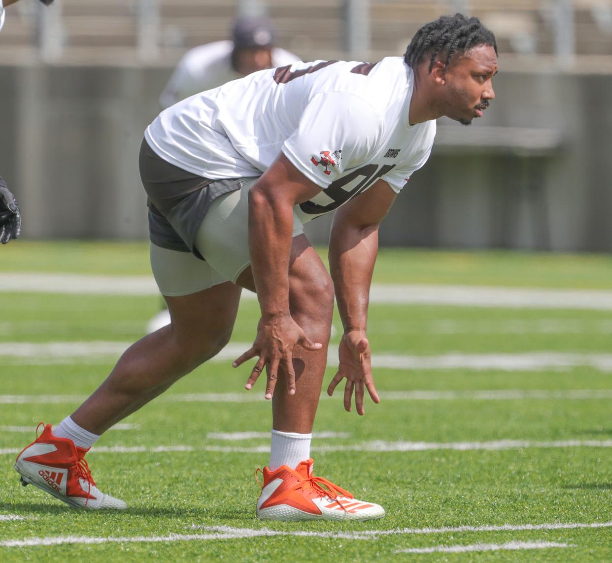 Browns defensive end Myles Garrett sets up on the line during minicamp on Wednesday, June 15, 2022 in Canton