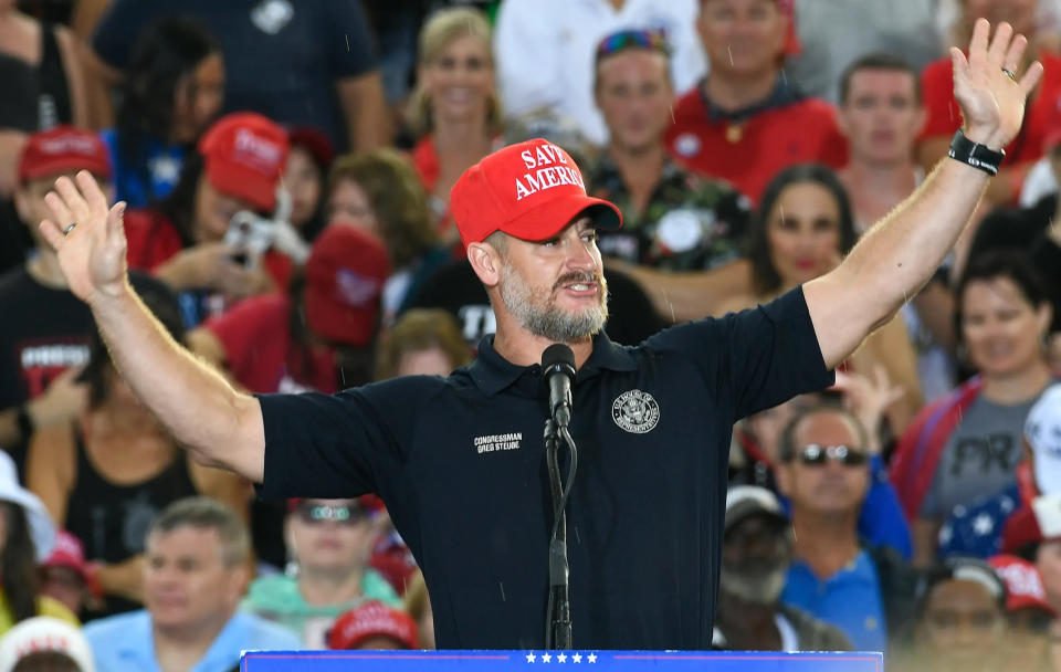 U.S. Rep. Greg Steube, a Florida Republican, appears at a Donald Trump rally in Sarasota in July 2021. Steube was among those blaming the left for the attempt on the former president's life.