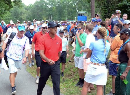 Aug 23, 2015; Greensboro, NC, USA; Tiger Woods walks to the 4th tee during the final round of the Wyndham Championship golf tournament at Sedgefield Country Club. Rob Kinnan-USA TODAY Sports