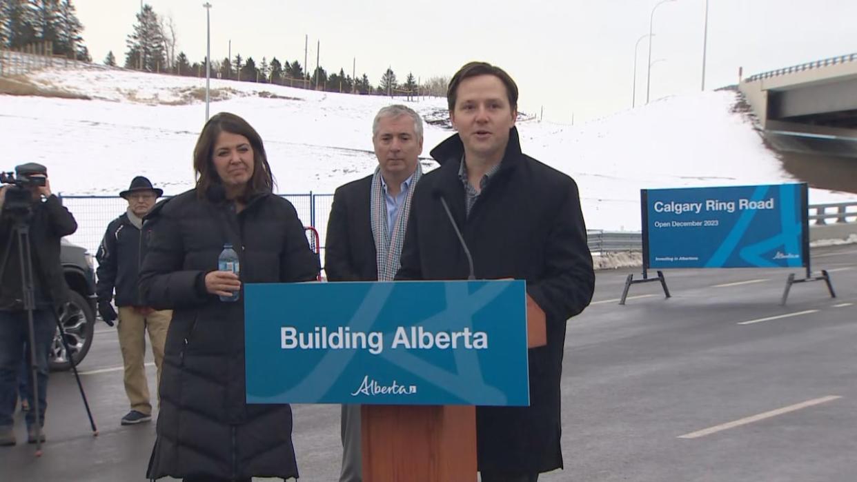 Minister of Transportation and Economic Corridors Devin Dreeshen speaks at a news conference Monday about the completion of the final leg of Calgary's ring road.  (CBC - image credit)