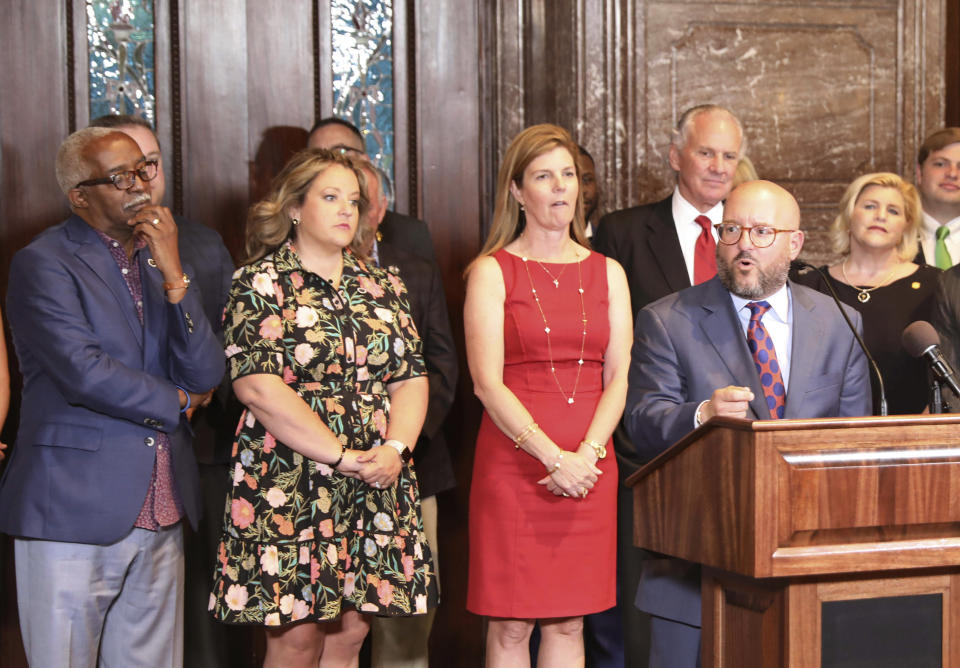 South Carolina Democratic Party Chairman Trav Robertson speaks in support of an early voting bill during the ceremonial signing of the bill on Wednesday, May 18, 2022, in Columbia, S.C. (AP Photo/Jeffrey Collins)