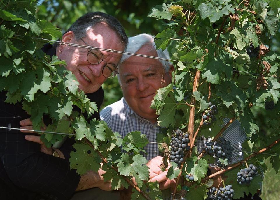 Ed Shelton, left, and brother Charlie Shelton in their Shelton Vineyards in 2001. They founded the vineyard in the Yadkin Valley in 1998.