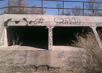 Graffiti litters the concrete underpass in the new park named after Christina-Taylor Green, where there are also anti-Semitic drawings