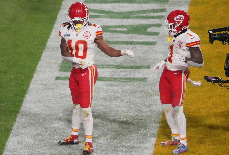 Kansas City Chiefs running back Isiah Pacheco (10) celebrates with running back <a class="link " href="https://sports.yahoo.com/nfl/players/27624/" data-i13n="sec:content-canvas;subsec:anchor_text;elm:context_link" data-ylk="slk:Jerick McKinnon;sec:content-canvas;subsec:anchor_text;elm:context_link;itc:0">Jerick McKinnon</a> (1) after scoring a touchdown against the Philadelphia Eagles in the 3rd quarter in Super Bowl LVII at State Farm Stadium in Glendale on Feb. 12, 2023.<br>Nfl Super Bowl Lvii Kansas City Chiefs Vs Philadelphia Eagles<br>© Joe Rondone/The Republic