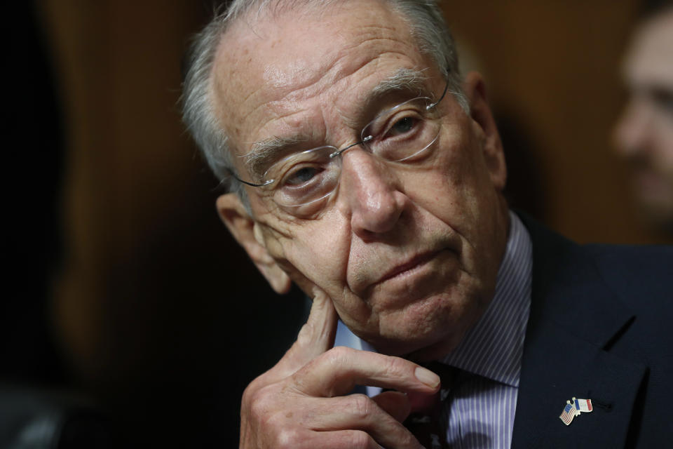 FILE - In this Sept, 28, 2018 file photo, Senate Judiciary Committee Chairman Chuck Grassley of Iowa chairs a meeting of the committee on Capitol Hill in Washington. McConnell’s blockade of a popular criminal justice reform package has angered top senators. And it’s created an unusual rift with a longtime Republican ally, Sen. Chuck Grassley of Iowa. (AP Photo/Pablo Martinez Monsivais)