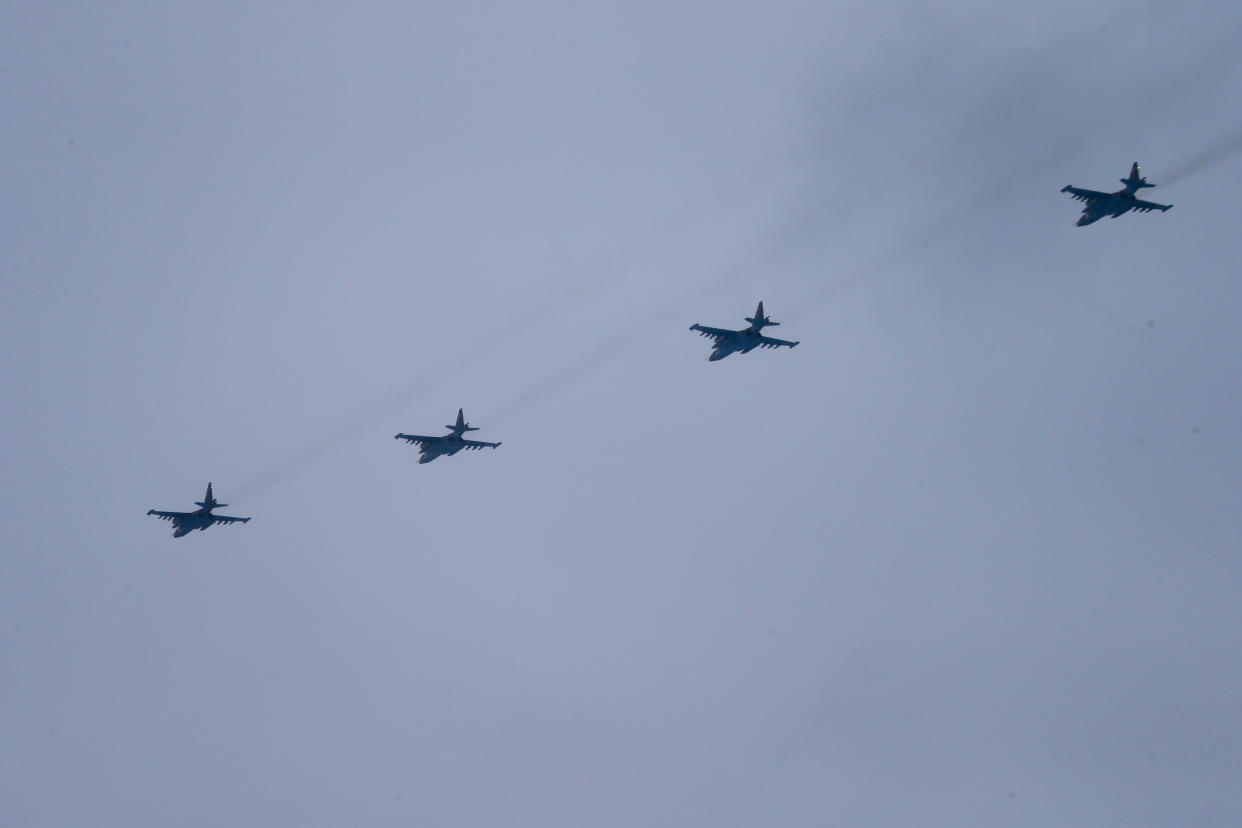 Fighter jets of the Russian and Belarusian air forces fly in a joint mission during the Union Courage-2022 Russia-Belarus military drills in Belarus, Thursday, Feb. 17, 2022. Russia has deployed troops to its ally Belarus for sweeping joint military drills that run through Sunday, fueling Western concerns that Moscow could use the exercise to attack Ukraine from the north. (AP Photo/Alexander Zemlianichenko Jr)