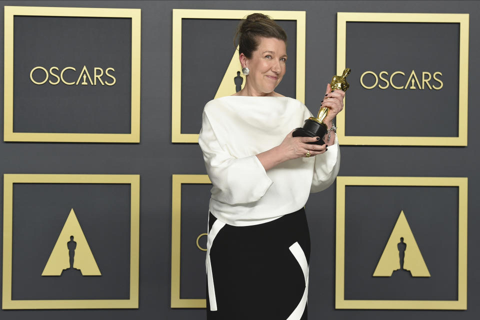 Jacqueline Durran, winner of the award for best costume design for "Little Women", poses in the press room at the Oscars on Sunday, Feb. 9, 2020, at the Dolby Theatre in Los Angeles. (Photo by Jordan Strauss/Invision/AP)