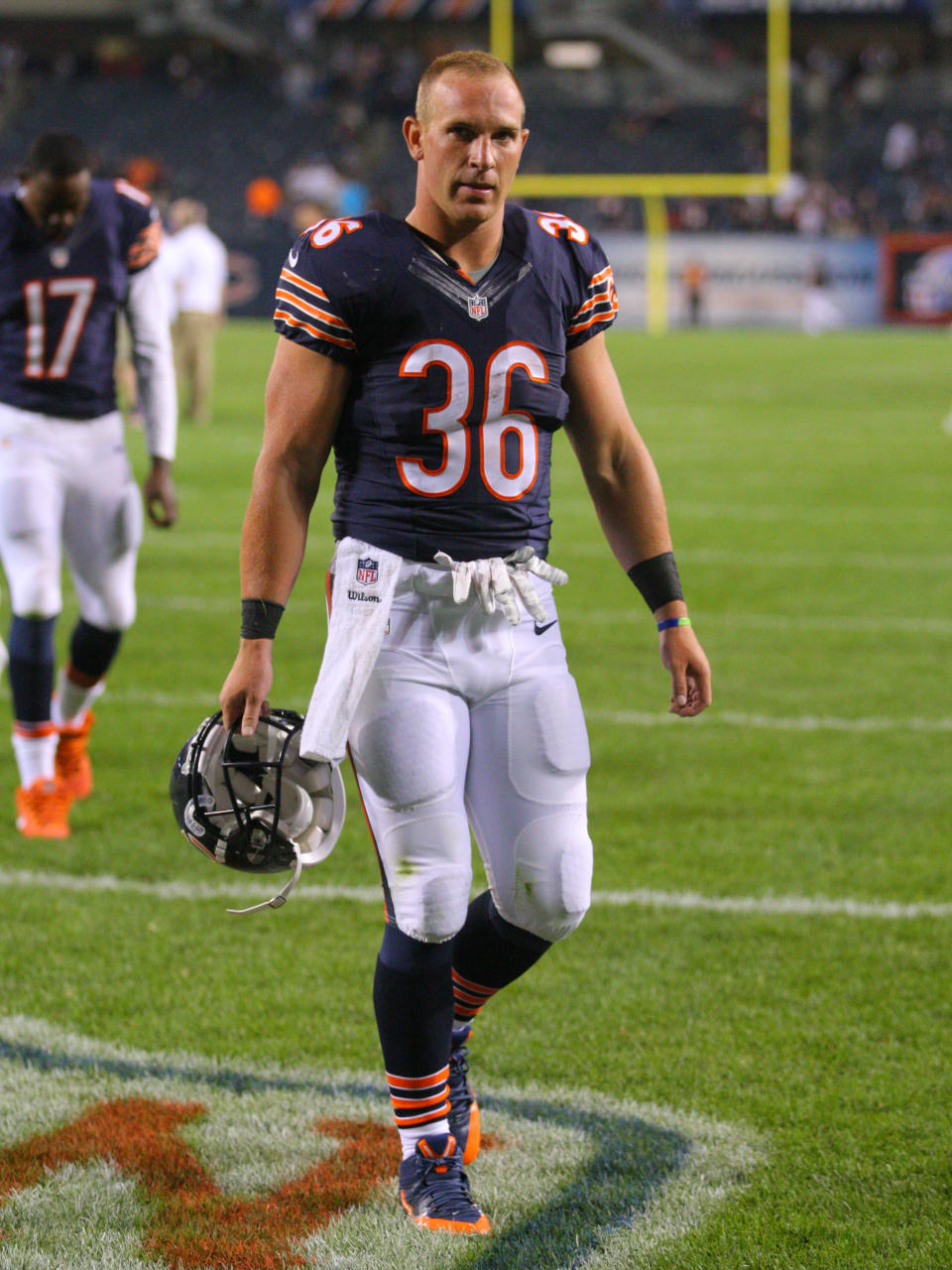 Aug 8, 2014; Chicago, IL, USA; Chicago Bears running back Jordan Lynch (36) walks off the field after the second half of a preseason game against the <a class="link " href="https://sports.yahoo.com/nfl/teams/philadelphia/" data-i13n="sec:content-canvas;subsec:anchor_text;elm:context_link" data-ylk="slk:Philadelphia Eagles;sec:content-canvas;subsec:anchor_text;elm:context_link;itc:0">Philadelphia Eagles</a> at Soldier Field. The Bears won 34-28. Mandatory Credit: Dennis Wierzbicki-USA TODAY Sports