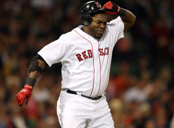 David Ortiz reacts to making an out on July 7, 2009 against Oakland. At the time he was hitting just .223 with nine home runs