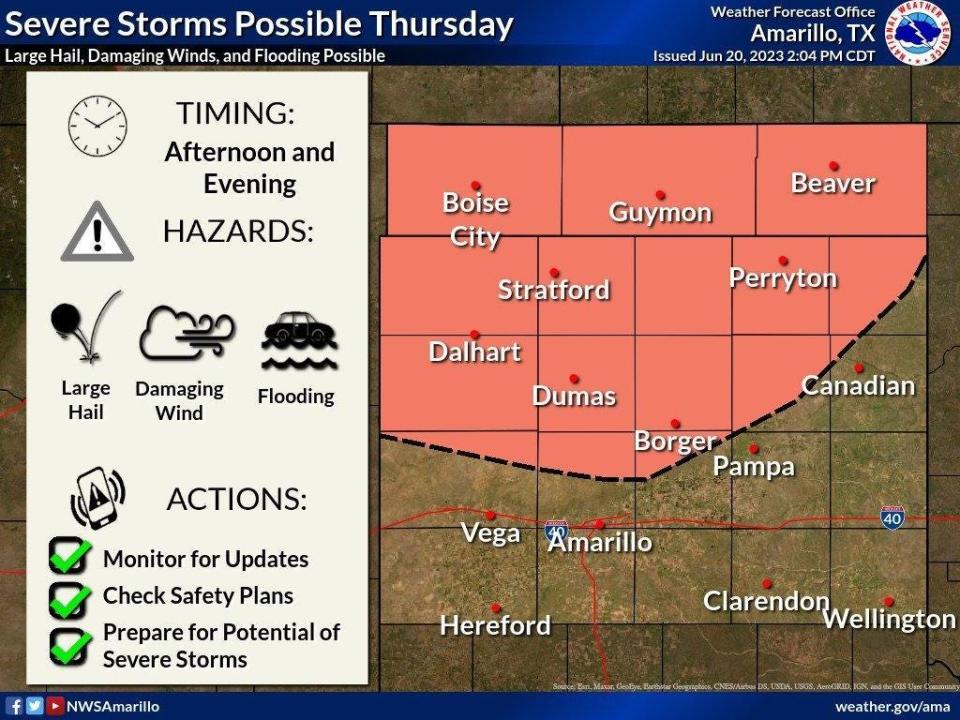 The NWS of Amarillo predicts possible severe thunderstorms in the northern combined Panhandles on Thursday afternoon through the evening. Large hail and damaging wind gusts are the primary hazards.
