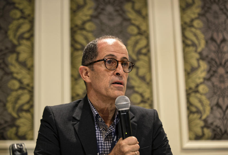 Michael Metaxas, the general manager of the dusitD2 hotel which was attacked by terrorists on Tuesday, speaks at a press conference where he said that four of the 100 hotel employees who were on duty at the time of the attack were killed, in Nairobi, Kenya Thursday, Jan. 17, 2019. Kenyan bomb disposal experts on Thursday found and safely detonated an explosive left over from the deadly extremist attack on the Nairobi luxury hotel complex. (AP Photo/Ben Curtis)