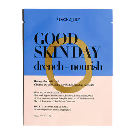 <p>Good Skin Day Drench + Nourish Sheet Mask, $6, <a rel="nofollow noopener" href="https://www.peachandlily.com/products/good-skin-day-sheet-mask" target="_blank" data-ylk="slk:peachandlily.com;elm:context_link;itc:0;sec:content-canvas" class="link "><u>peachandlily.com</u></a>. </p>