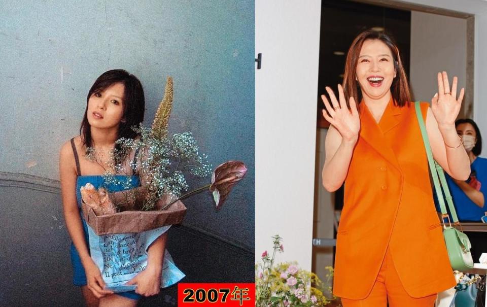 劉品言2002年與曾之喬共組Sweety出道，經過20年，美貌不變，但福氣了些。（捏腰間肉）