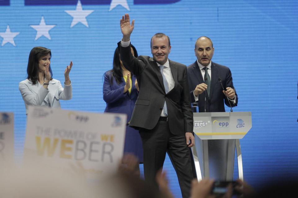 Germany's Manfred Weber of the European People's Party waves during ruling party GERB's rally in Sofia, Bulgaria, Sunday, May 19, 2019. The rally comes days before more than 400 million Europeans from 28 countries will head to the polls to choose lawmakers to represent them at the European Parliament for the next five years. (AP Photo/Valentina Petrova)