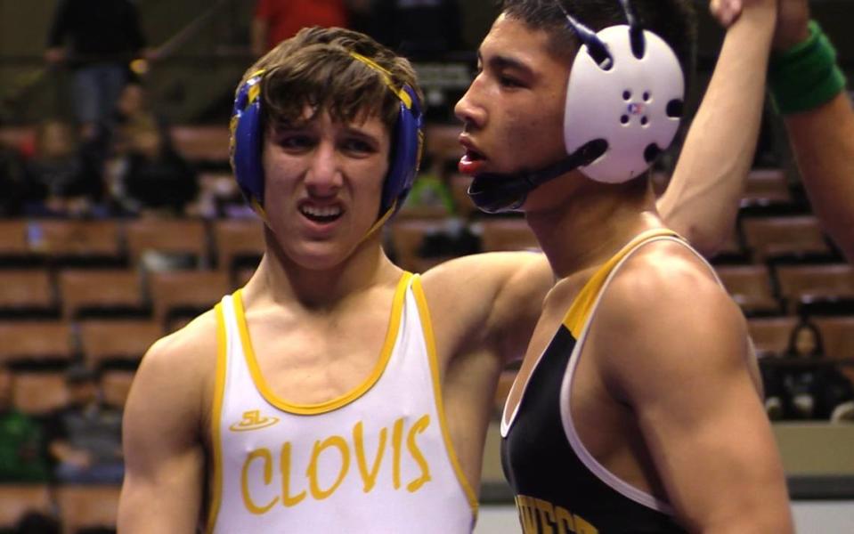 Nikade Zinkin of Clovis High defeated Jeff Lopez of Clovis West in 126 pounds at the Central Section Masters in Fresno, California on Saturday, Feb. 17, 2024.