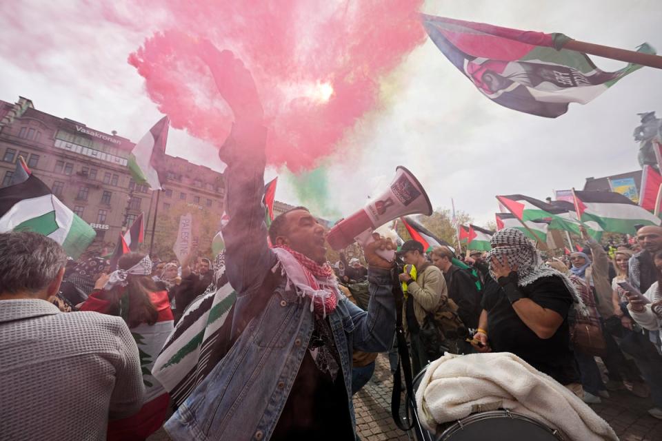 A protestor shouts through a megaphone as smoke canisters in the colours of the Palestinian flag are set off during pro-Palestine protests in Malmo, Sweden (Copyright 2024 The Associated Press. All rights reserved)