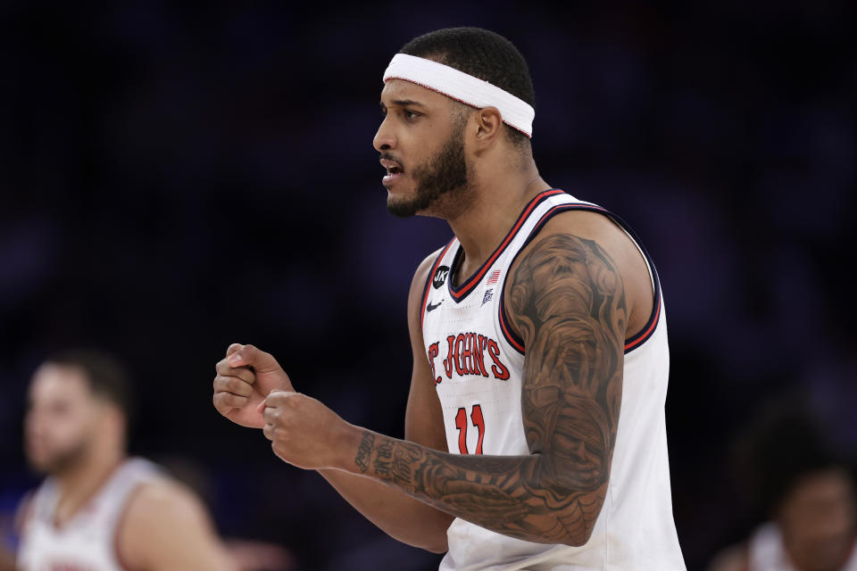 St. John's center Joel Soriano reacts against Creighton during the first half of an NCAA college basketball game, Sunday, Feb. 25, 2024, in New York. (AP Photo/Adam Hunger)