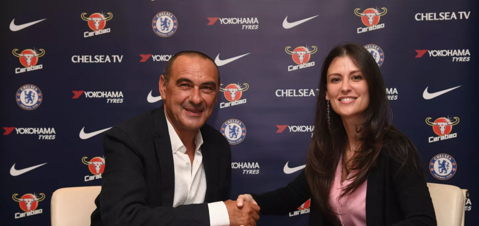 Sarri is welcomed to the Bridge by club director Marina Granovskaia