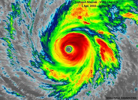 Super Typhoon Maysak is seen as it heads west-northwestward through the western Pacific Ocean in this infrared image taken by the Suomi NPP satellite's VIIRS instrument April 1, 2015. REUTERS/NOAA/Handout via Reuters